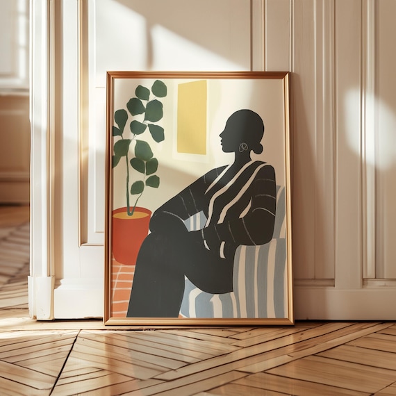 Black Silhouette Woman Profile Striped Chair Plant Modern Art Poster