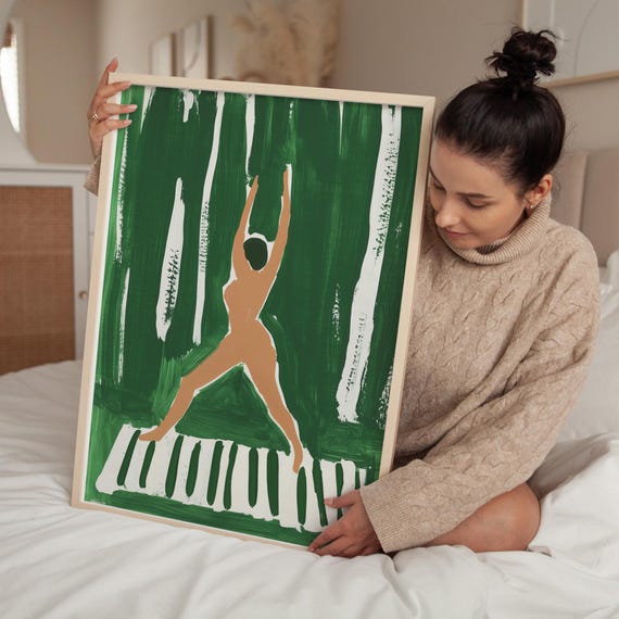 Abstract Yoga Print Green And White Figurative Wall Art Fitness Lover Nature Inspired Decor Bold Minimalist Artwork Print