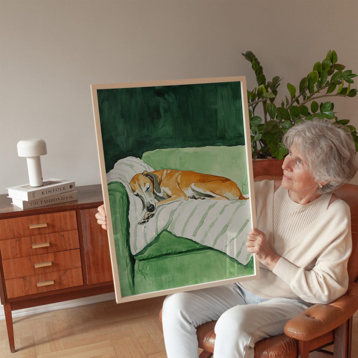 Sleeping Greyhound Dog Watercolor Cozy Green Couch Pet Art Poster