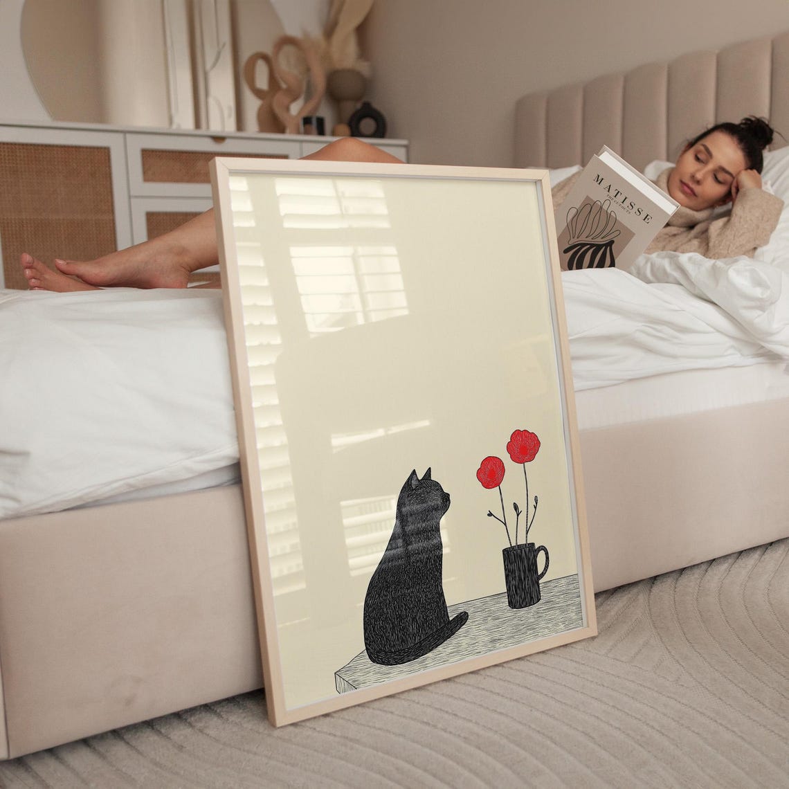 Black Cat and Red Poppies Minimalist Line Illustration Poster