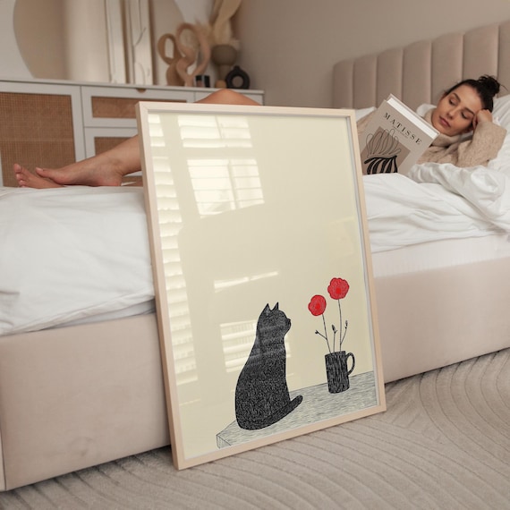 Black Cat and Red Poppies Minimalist Line Illustration Poster