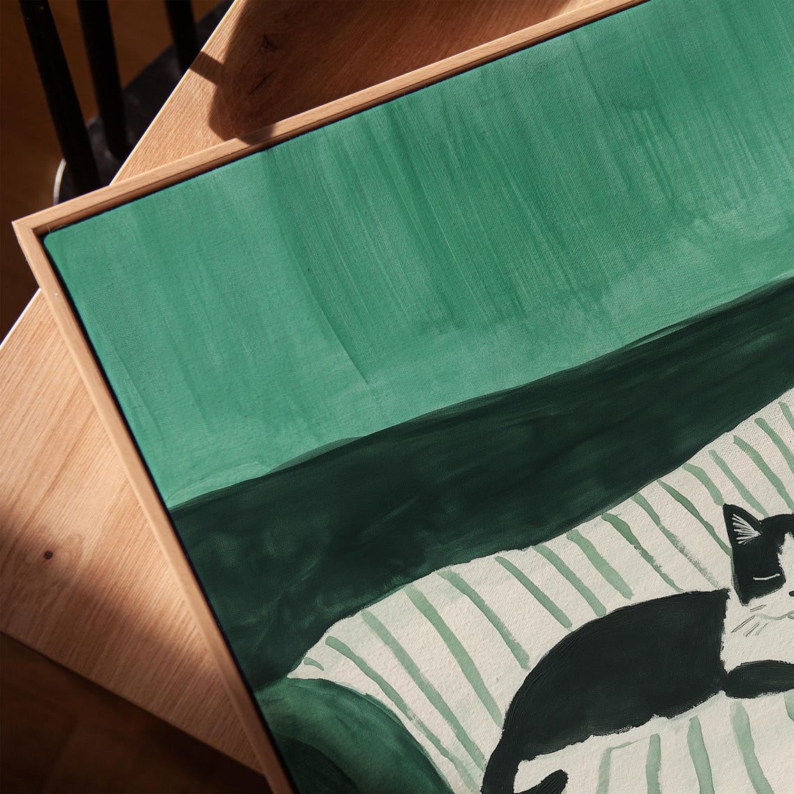 Black White Cat Sleeping On Striped Blanket Cozy Green Poster - Image 3