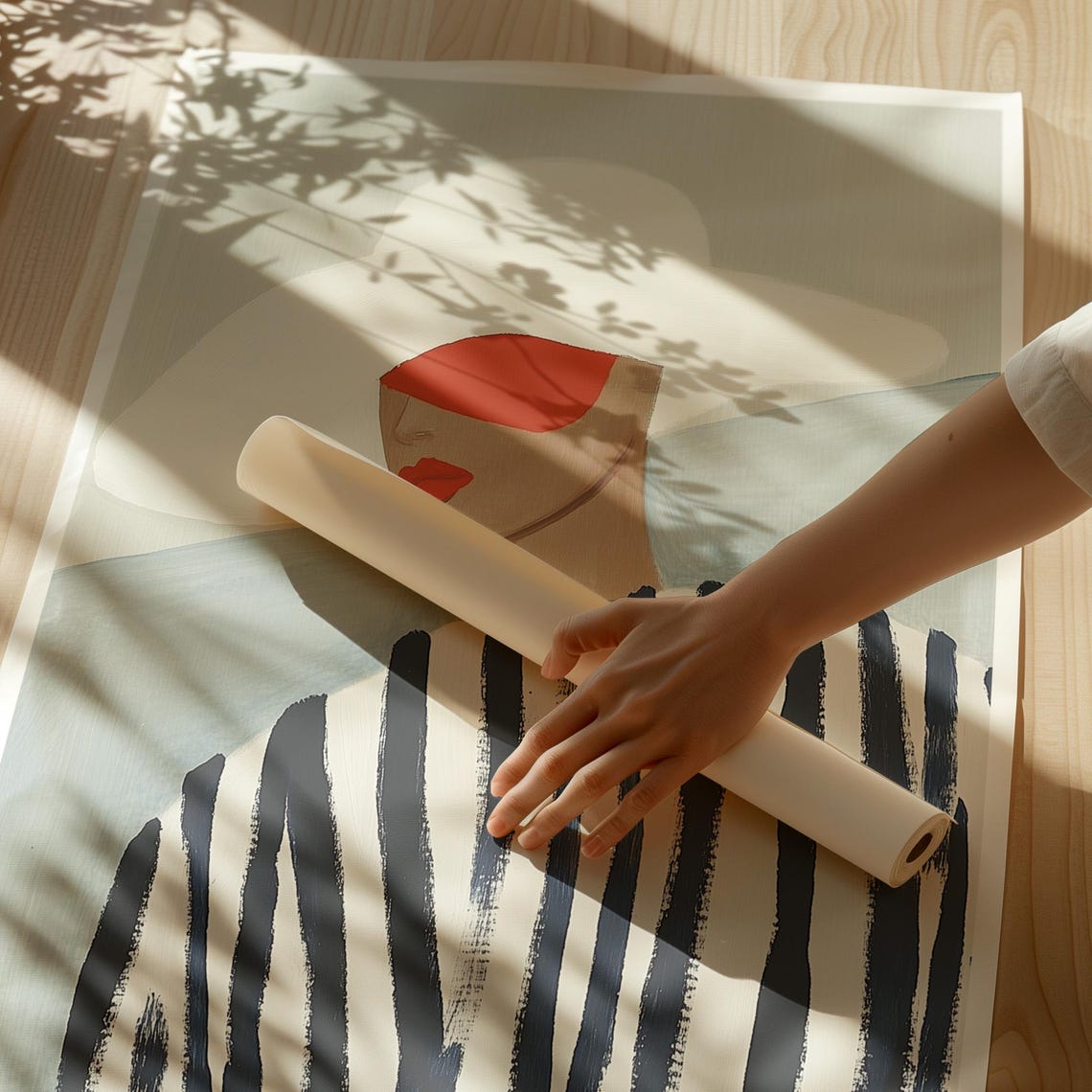 Woman in a White Hat with Striped Top and Red Accents Poster - Image 2