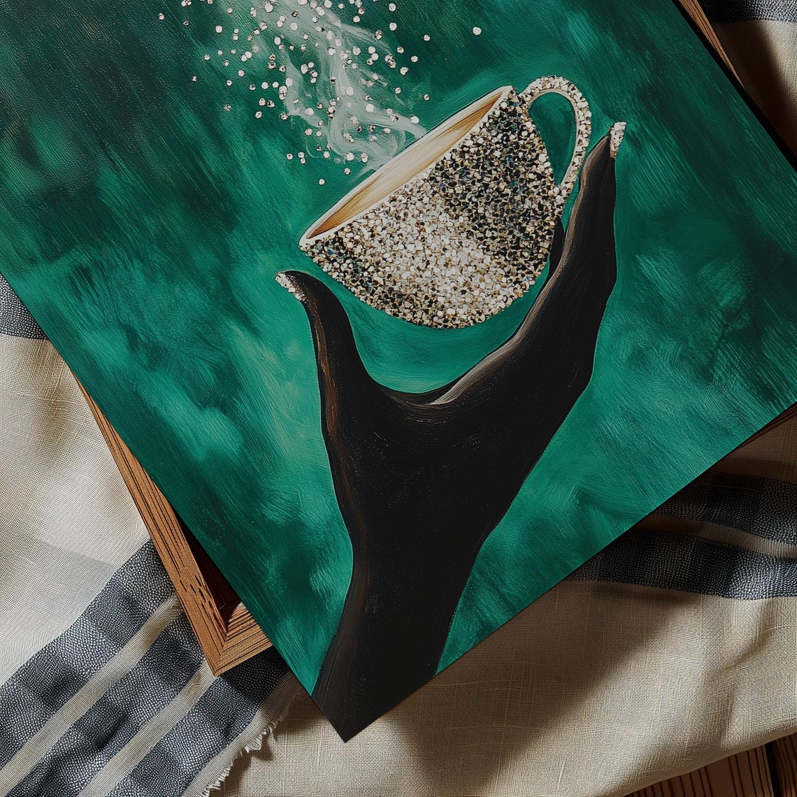 Glamorous Sparkling Coffee Cup in Hand Emerald Green Glam Poster - Image 2
