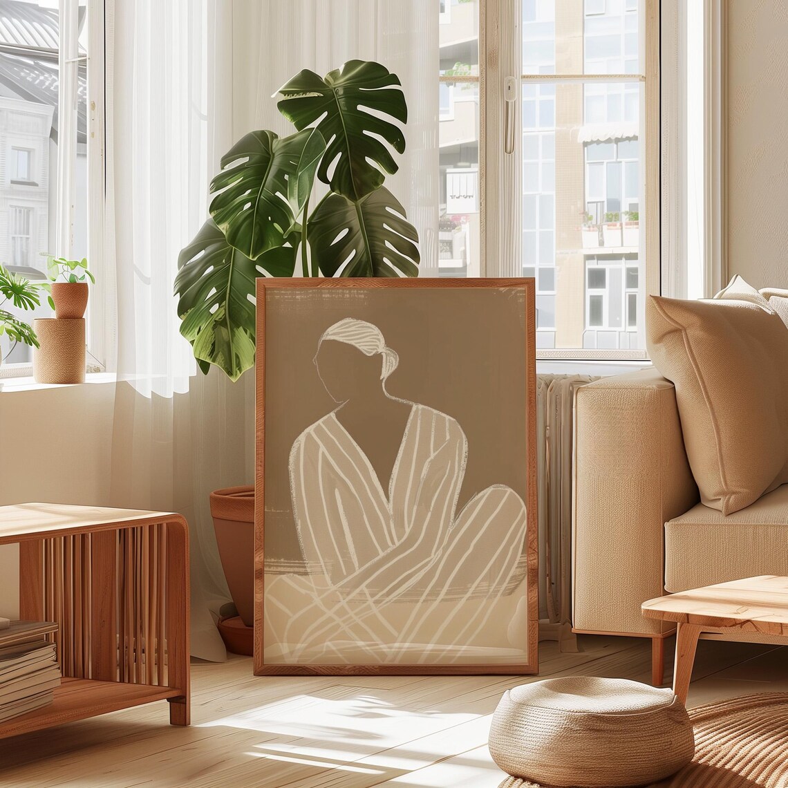 Abstract Woman Striped Cloak Line Art Beige Minimalist Portrait Poster - Image 2