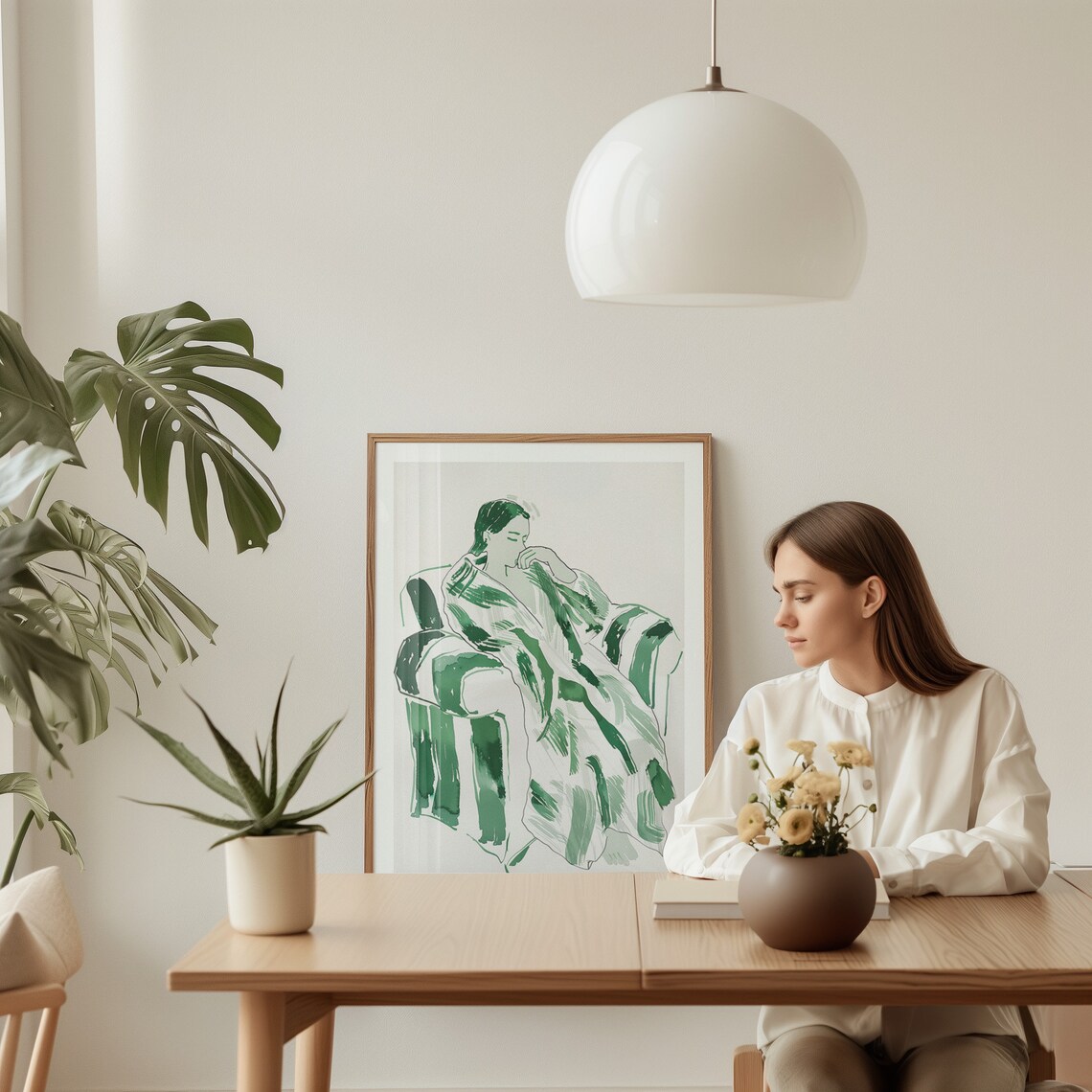 Green Watercolor Reclining Woman on Striped Chair Abstract Figurative Poster - Image 4