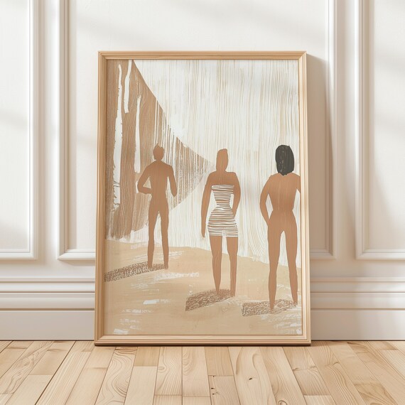 Three Women Watching Waterfall Neutral Minimalist Figure Art Poster