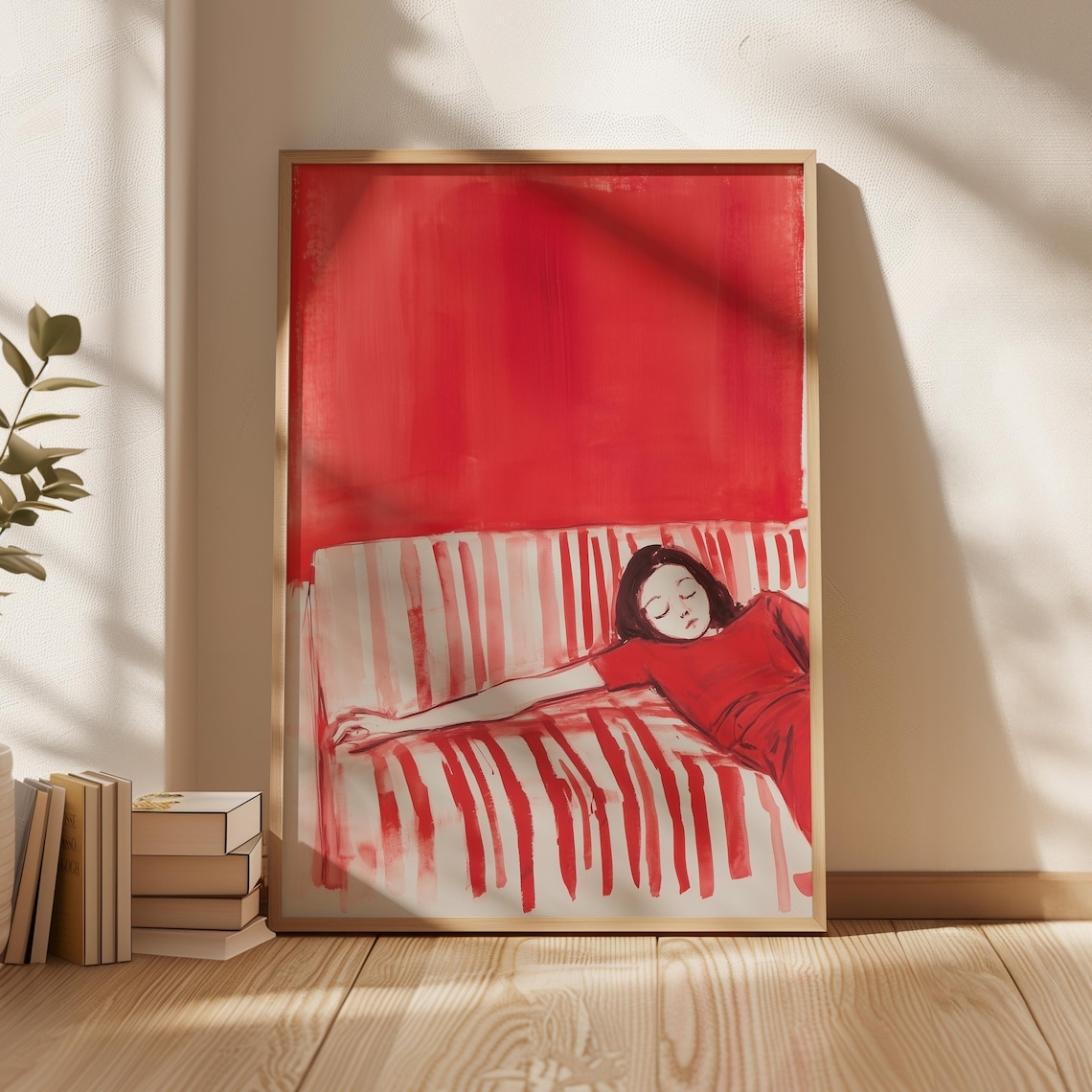 Red Sofa Woman Resting, Minimal Modern Illustration