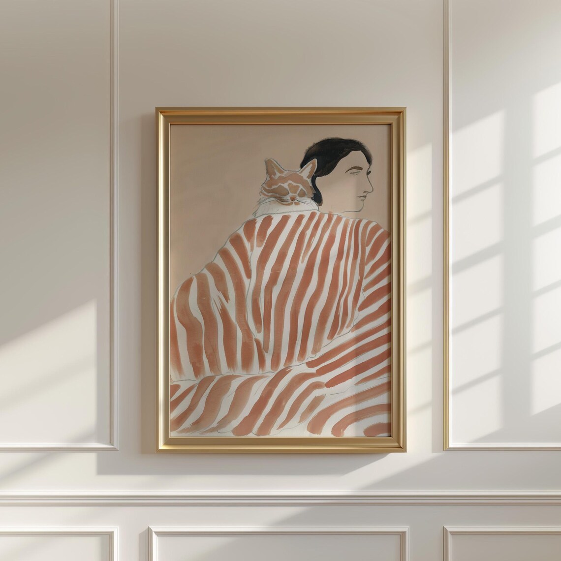 Woman with Orange Cat on Shoulder Terracotta Striped Dress Poster