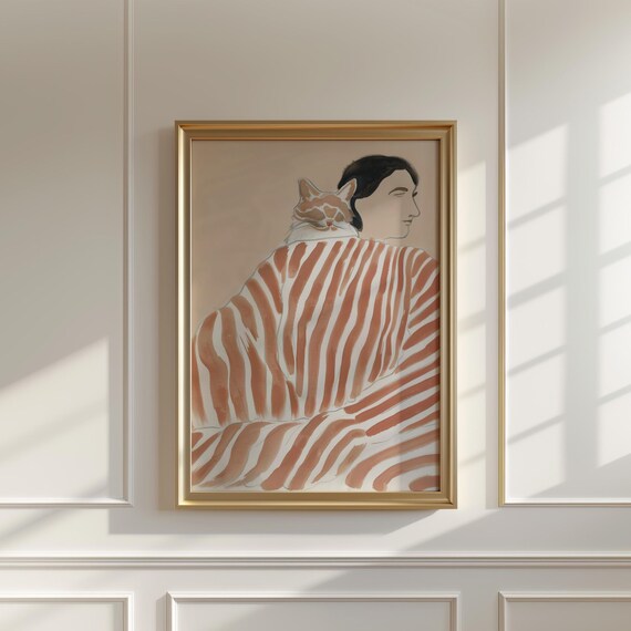 Woman with Orange Cat on Shoulder Terracotta Striped Dress Poster
