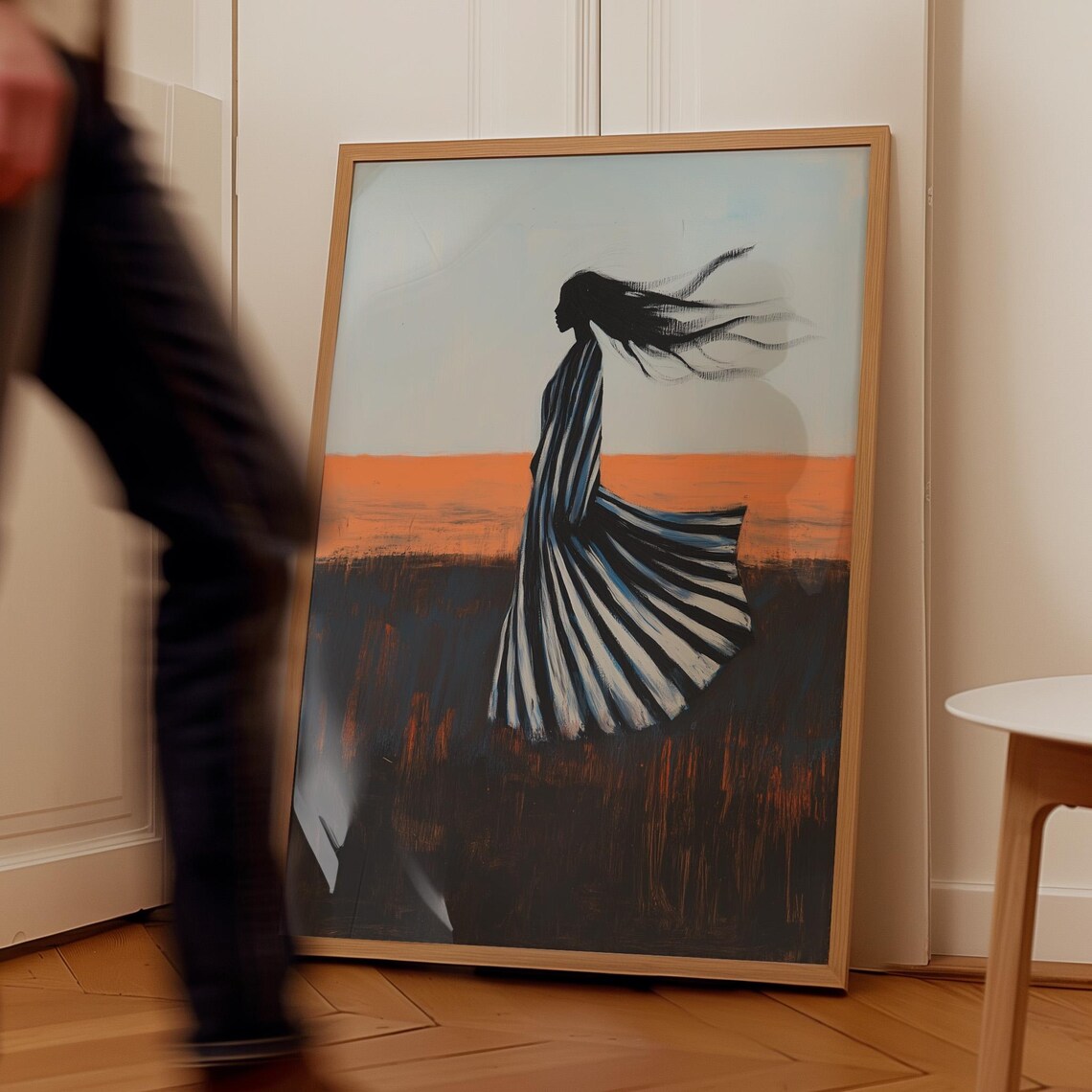 Striped Dress Woman Silhouette Orange Horizon Minimalist Poster - Image 2
