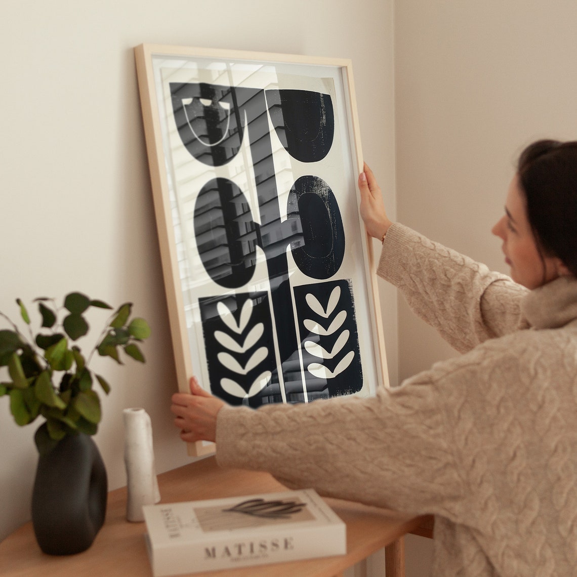 Nordic Botanical Abstract Black Geometric Leaf Shapes Wall Art - Image 4