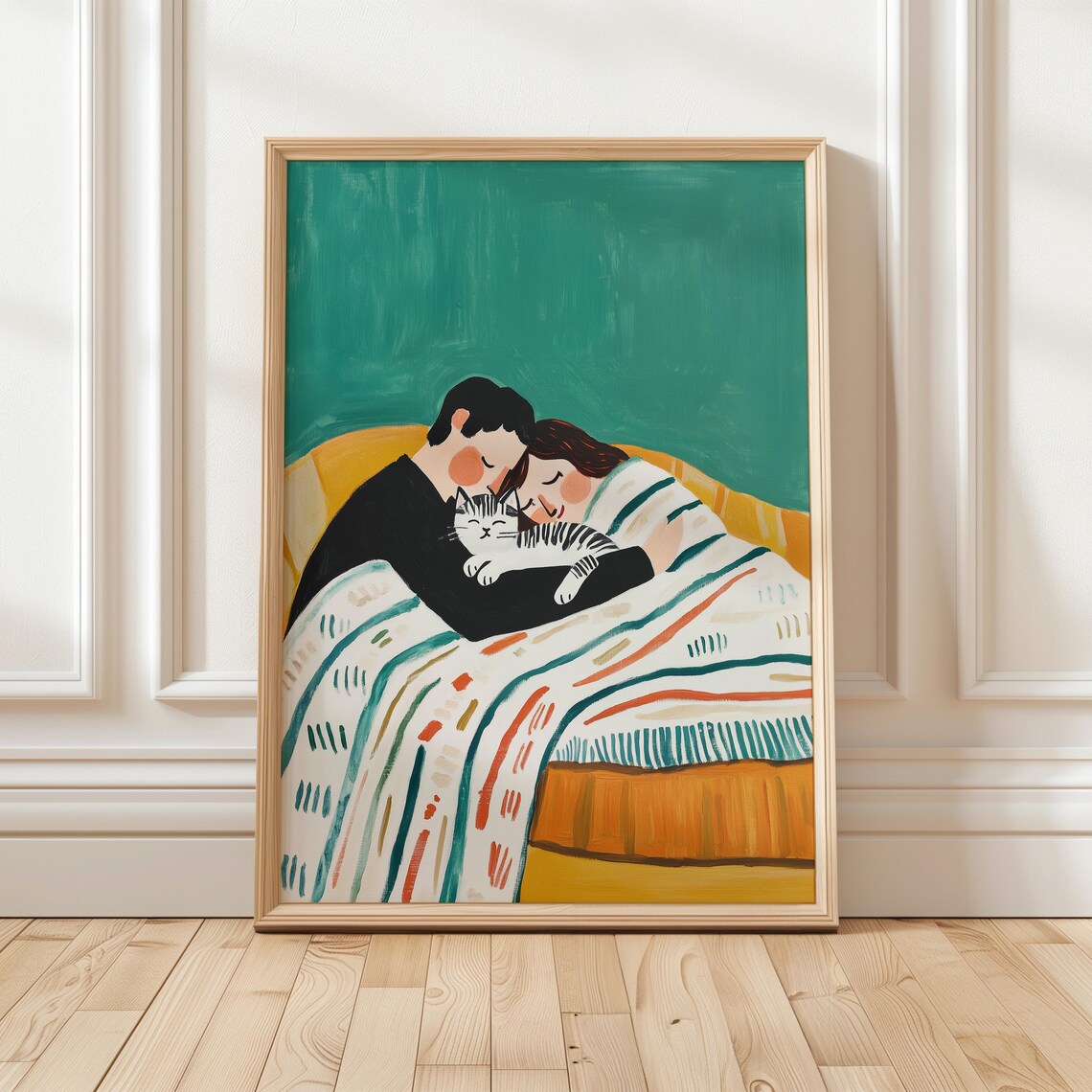 Cozy Couple And Cat Print Whimsical Home Decor Heartwarming Illustration Of Family Love Warm And Colorful Wall Art For Bedrooms