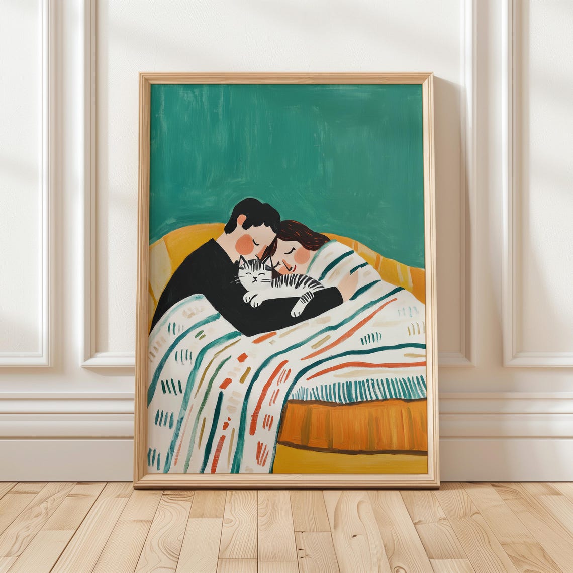Cozy Couple Sleeping With Tabby Cat Striped Blanket Home Art Poster