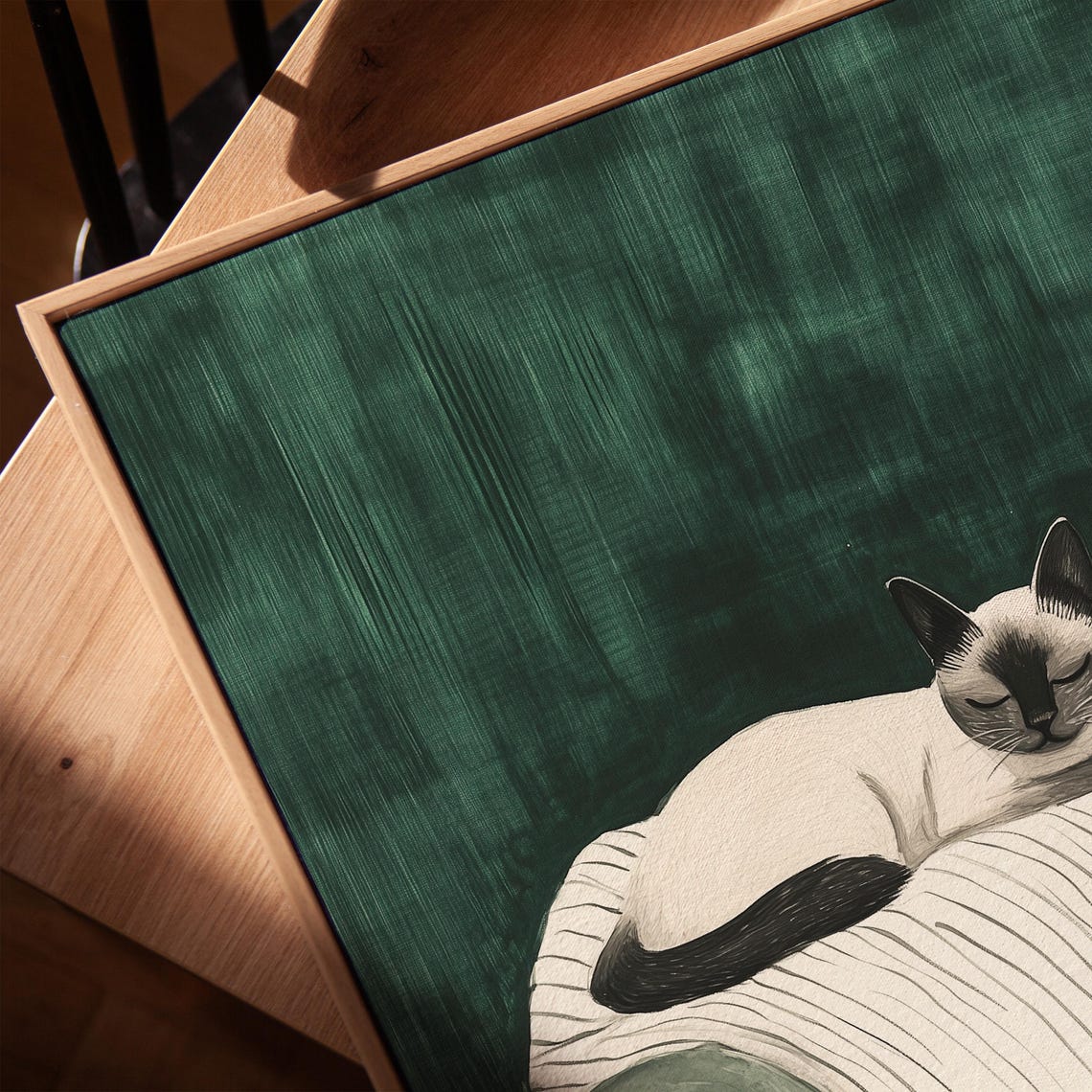 Elegant Siamese Cat Resting On Striped Blanket Green Chair Poster - Image 4