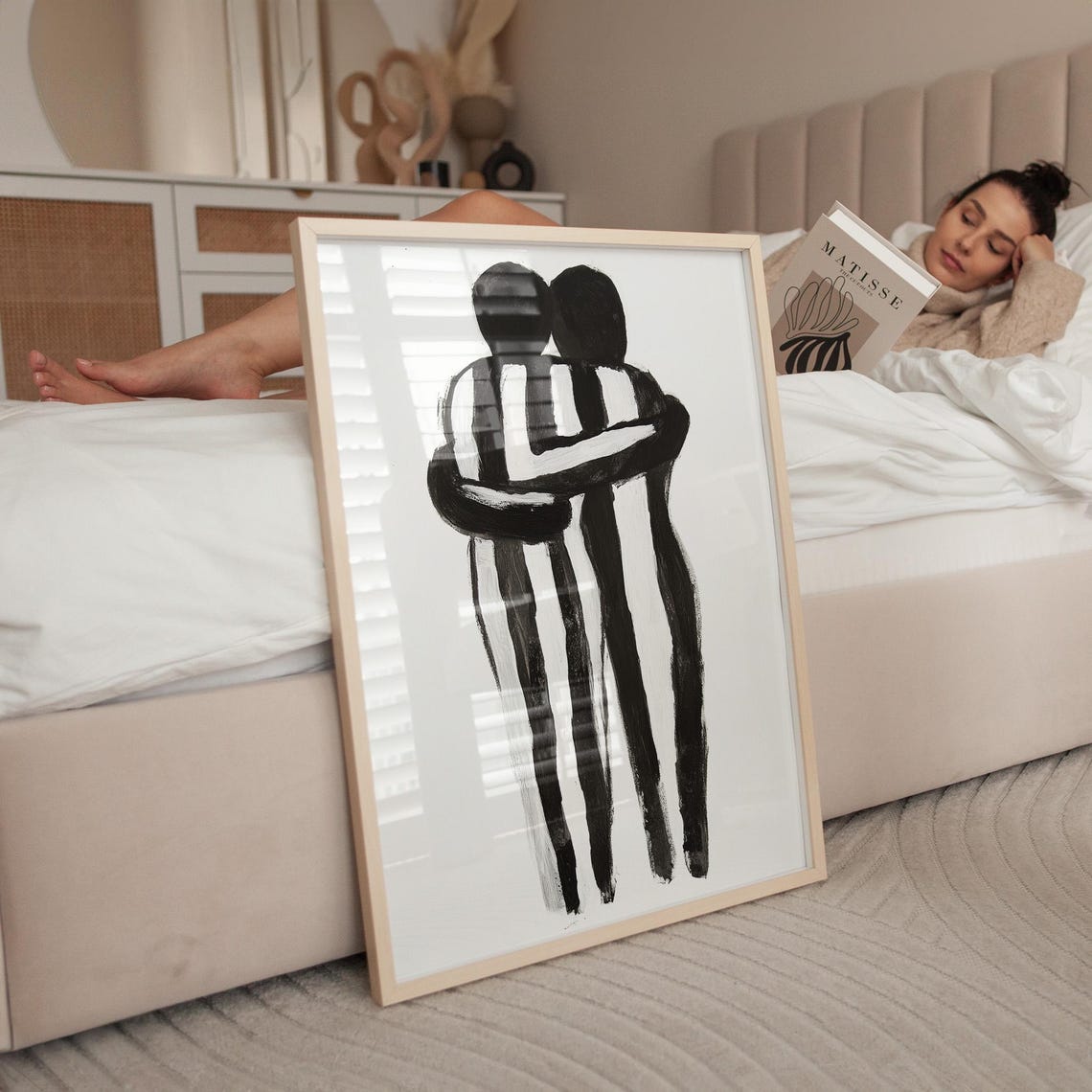 Abstract Couple Hugging Ink Style Black White Minimalist Poster