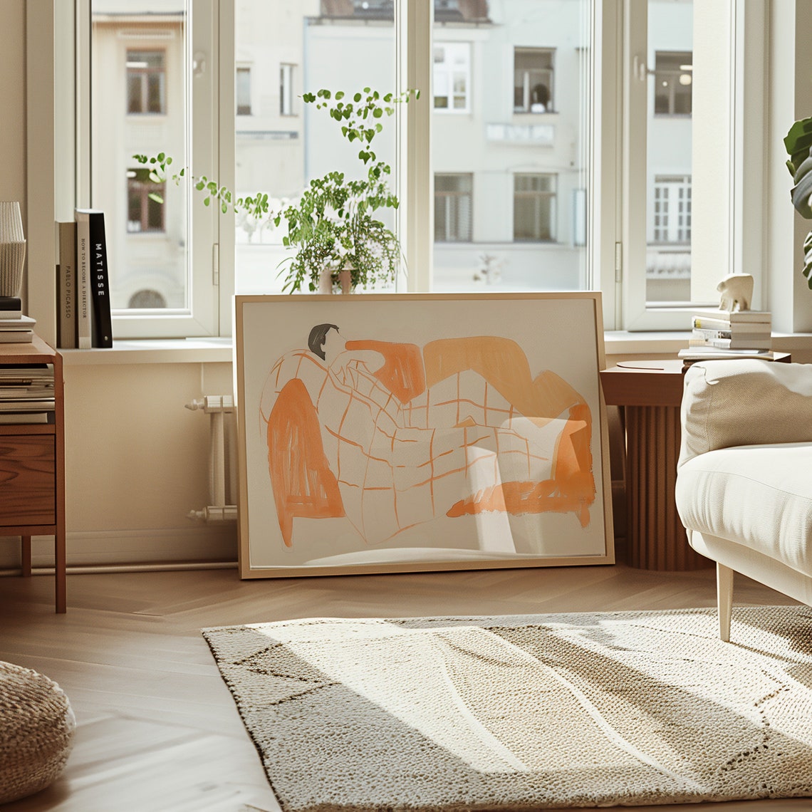 Minimalist Line Drawing Of Relaxing Woman In Orange Art Poster - Image 2