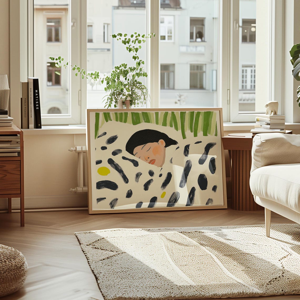 Sleeping Woman Under Patterned Blanket Green Stripes Above Poster - Image 5