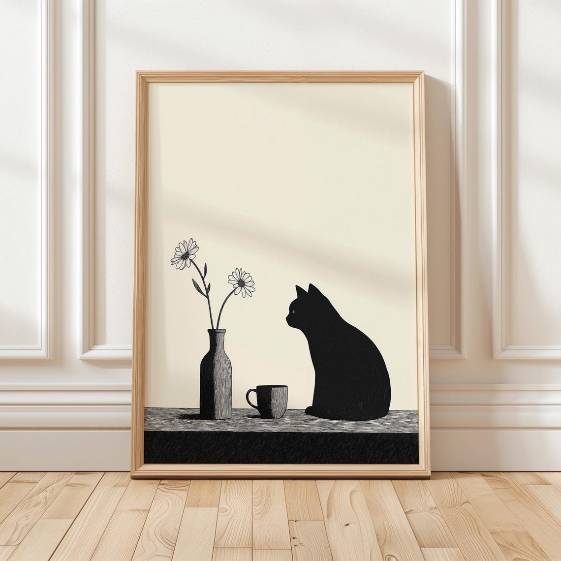 Black Cat Silhouette with Daisies and Mug Minimalist Cat Poster