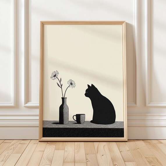 Black Cat Silhouette with Daisies and Mug Minimalist Cat Poster