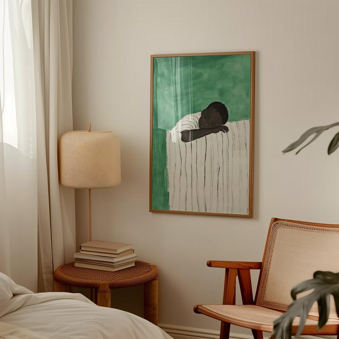 Sleeping Boy Arm Over Striped Bedding Green Nursery Wall Art - Image 2