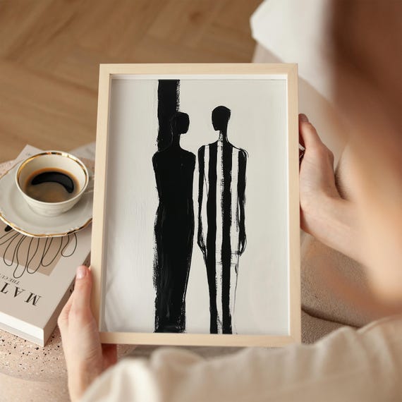 Abstract Black And White Art Print Minimalist Human Figures Bold Stripes Wall Art Modern Home Decor Monochrome Art Unique Gift Idea