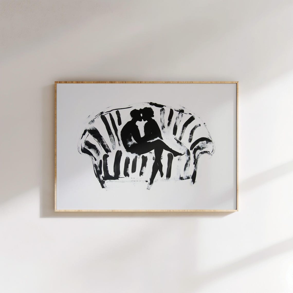 Kissing Couple on Striped Couch Black Ink Minimalist Love Poster