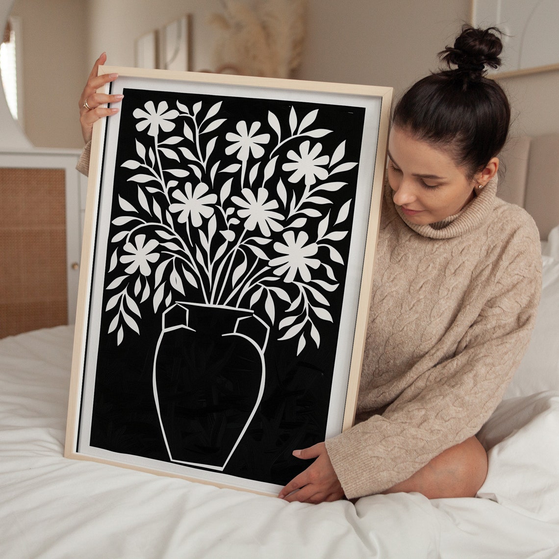 White Flower Vase Silhouette On Black Background Minimalist Wall Art - Image 2