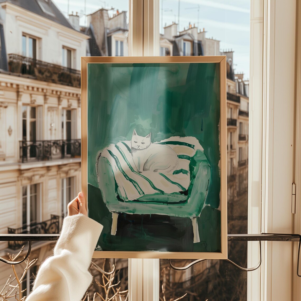 Sleeping White Cat On Striped Cushion Green Armchair Moody Emerald Art Poster - Image 2