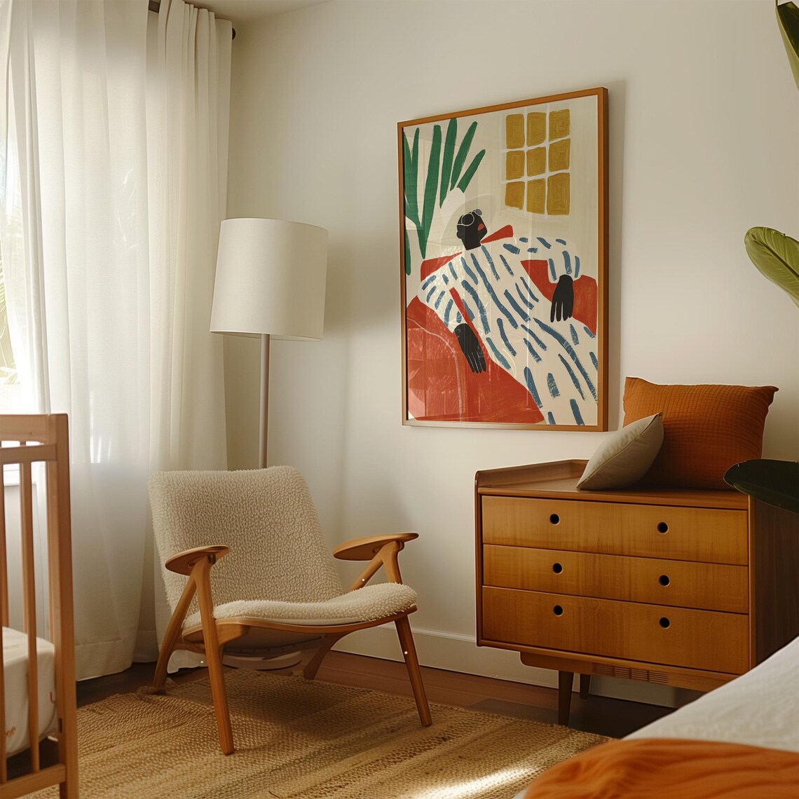 Lounging Figure in Stripes on Orange Sofa Colorful Minimalist Poster - Image 2