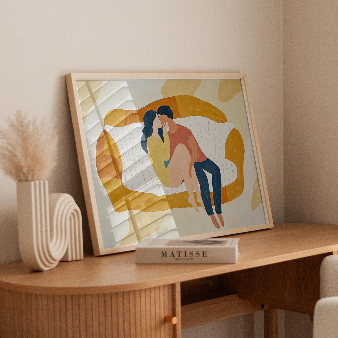 Romantic Couple Cuddling Striped Couch Warm Abstract Love Poster - Image 4