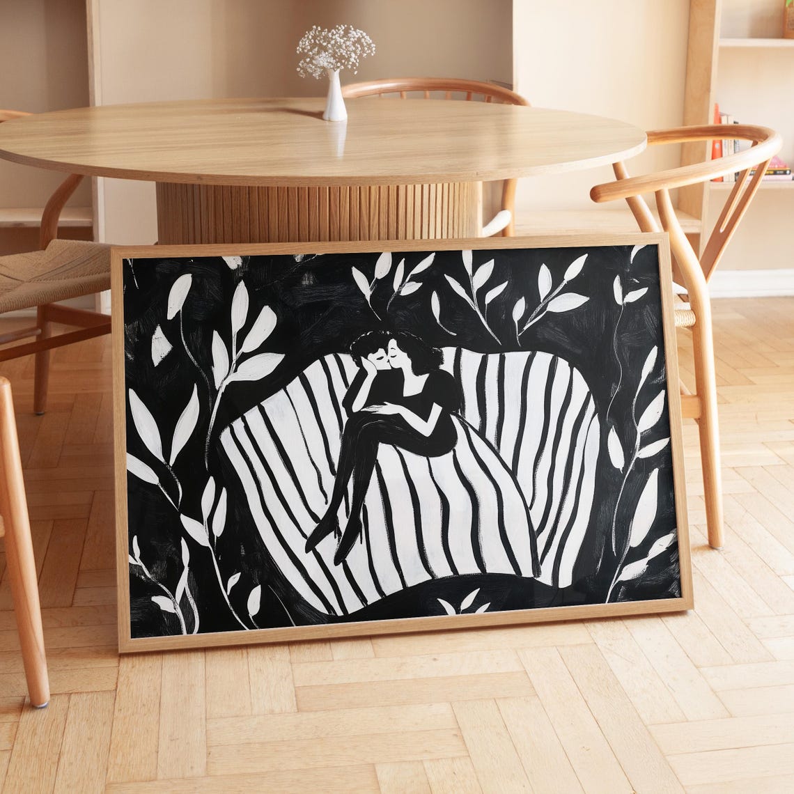 Romantic Lovers Reclining Striped Cushion Black White Poster