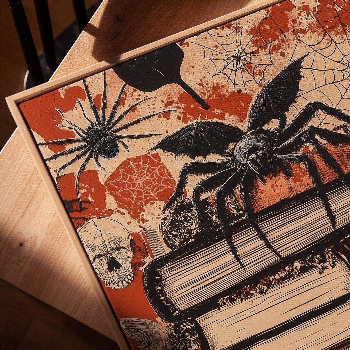 Giant Spider on Stacked Books Skulls and Webs Halloween Horror Poster - Image 3