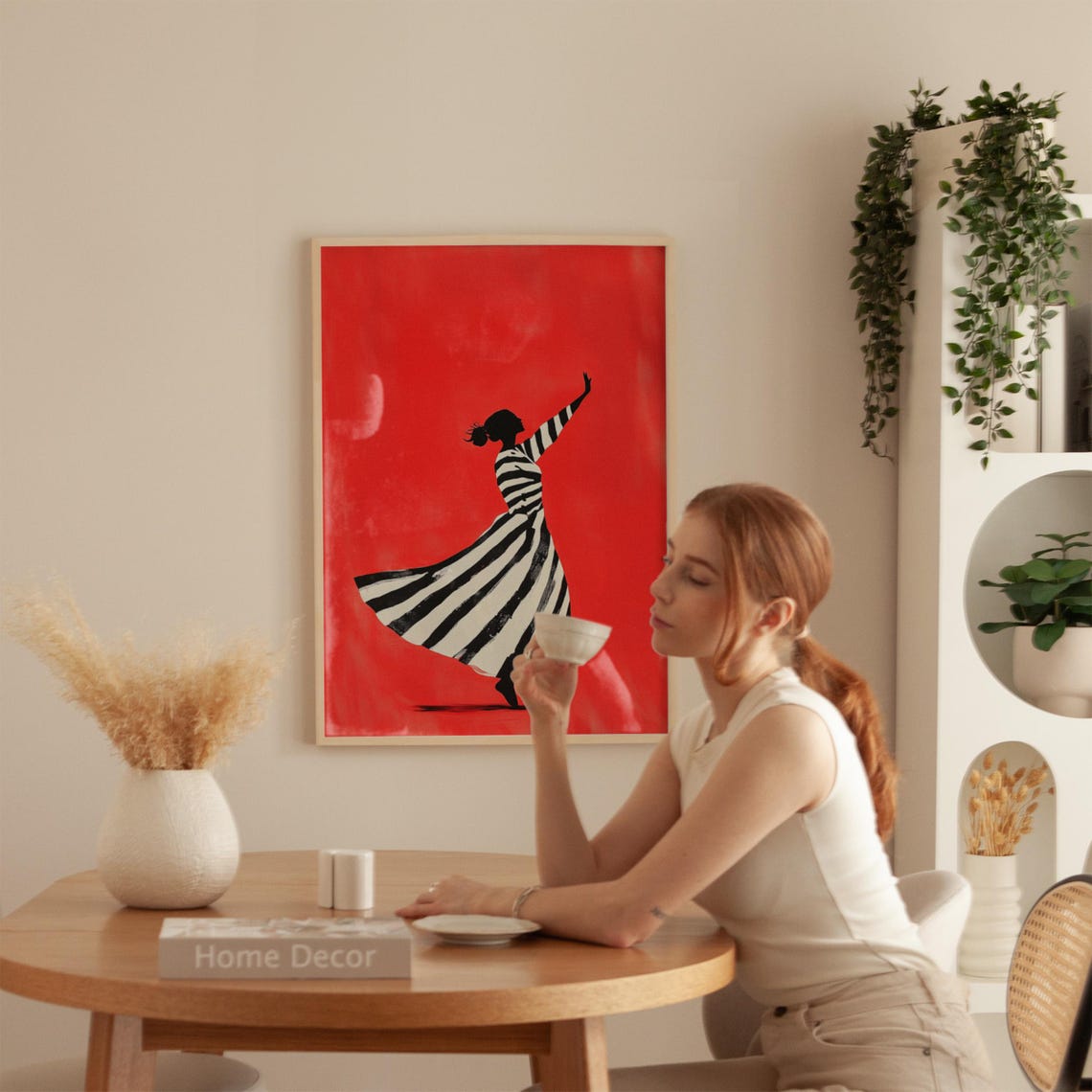 Dancing Woman Striped Dress Red Background Joyful Movement Art Poster - Image 3