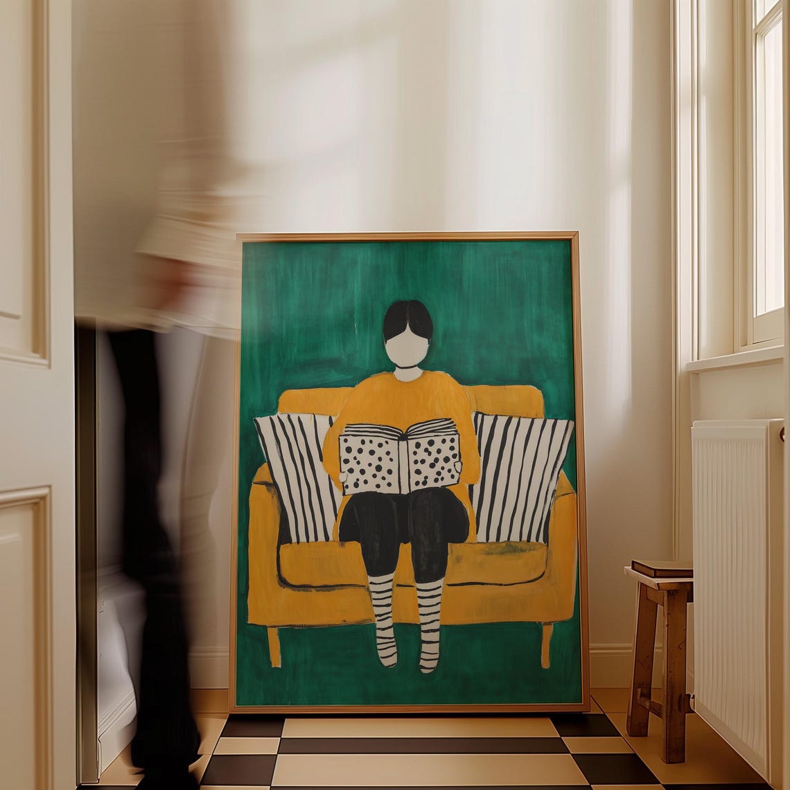 Faceless Reader in a Mustard Sweater on a Yellow Sofa Poster - Image 2