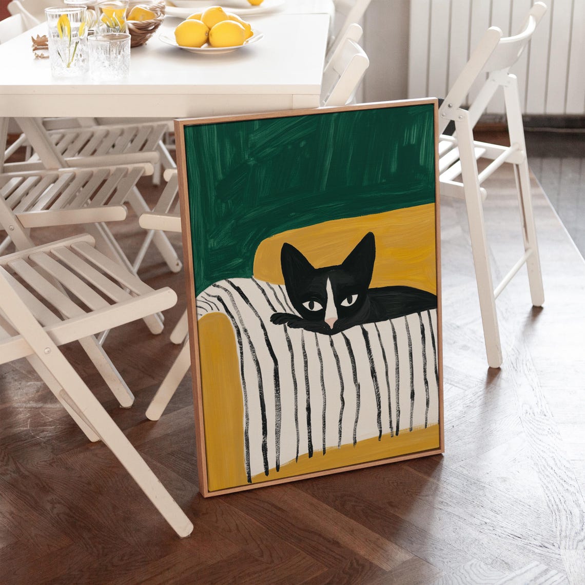 Black Cat Peeking Over Striped Blanket Playful Naive Cat Poster - Image 2