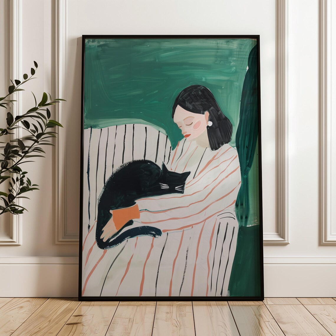 Woman Cuddling Black Cat Striped Robe Emerald Green Cat Lover Art Poster
