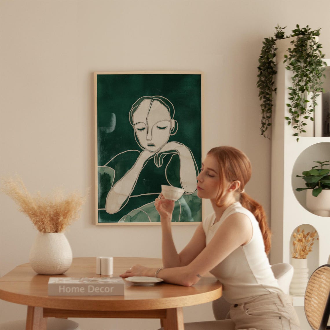 Minimalist Line Art Portrait with Closed Eyes on Green Poster - Image 5