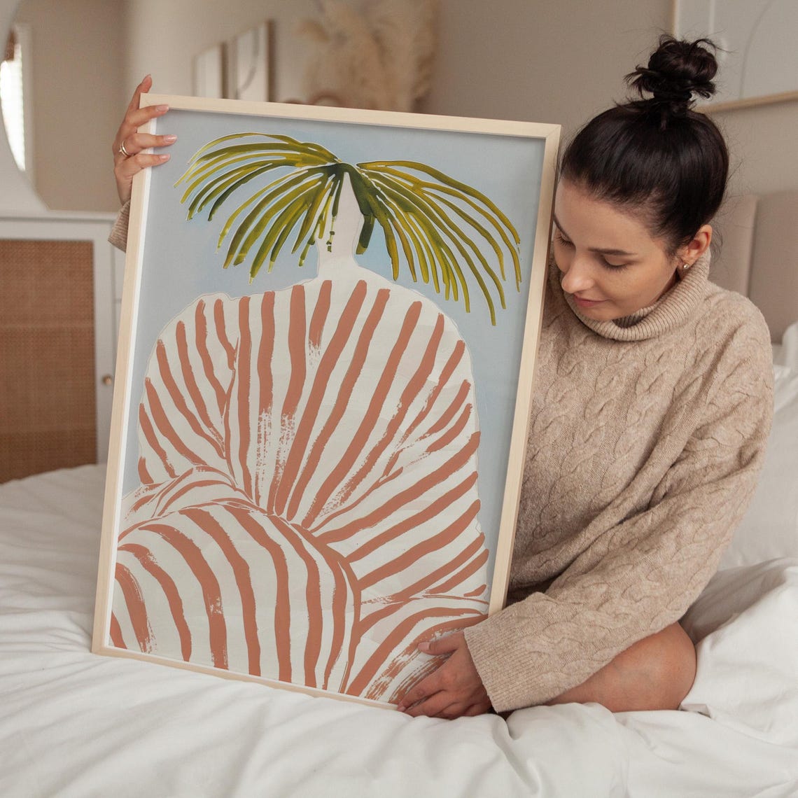 Boho Abstract Woman Terracotta Stripes Palm Hair Tropical Poster