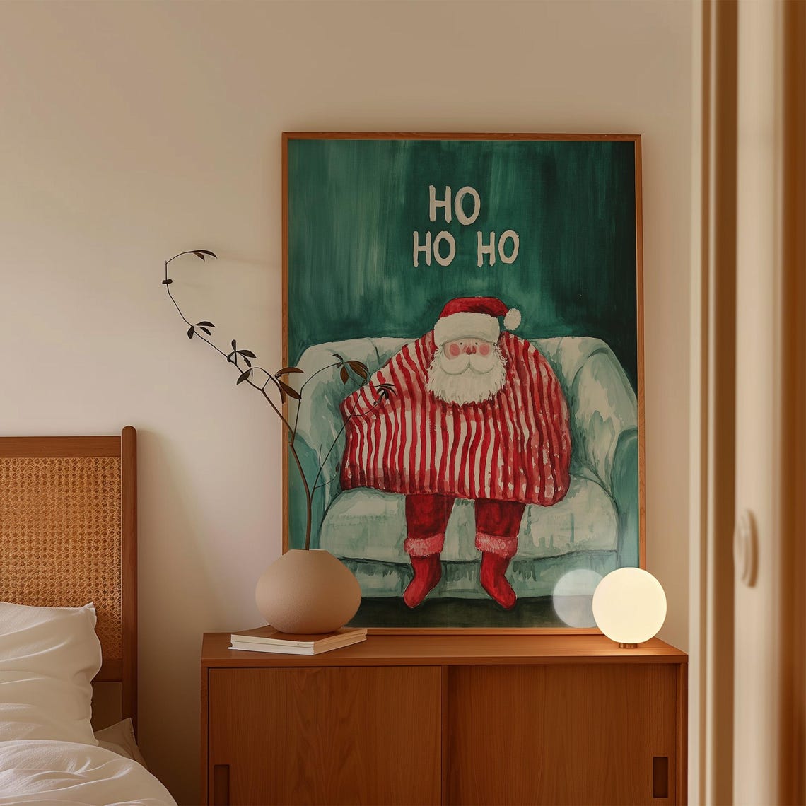 Ho Ho Ho Santa Relaxing on a Couch in a Cozy Green Blanket Poster - Image 4