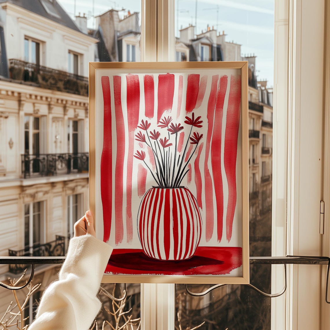 Bold Red Floral Vase, Modern Abstract Botanical Decor