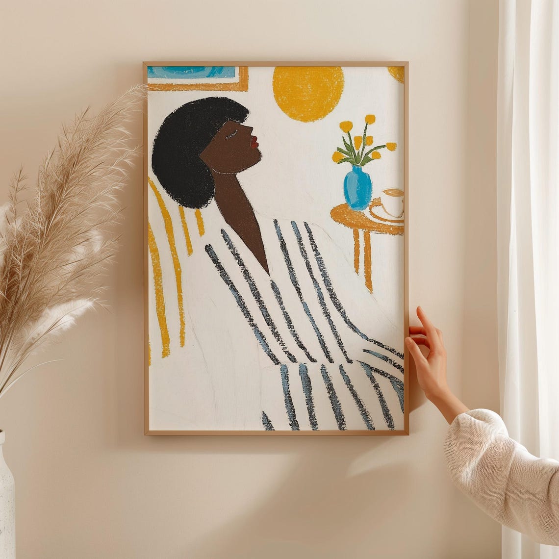 Woman Profile In Striped Robe With Golden Sun And Flowers Poster
