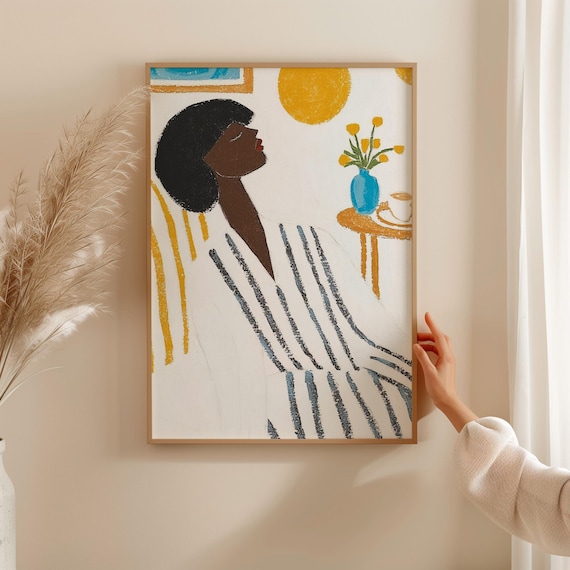 Woman Profile In Striped Robe With Golden Sun And Flowers Poster