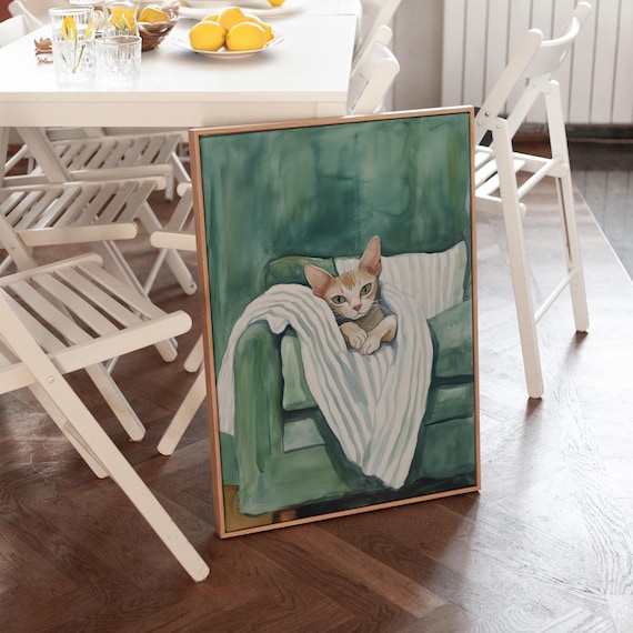 Ginger Cat On Green Armchair Striped Blanket Painting Wall Art