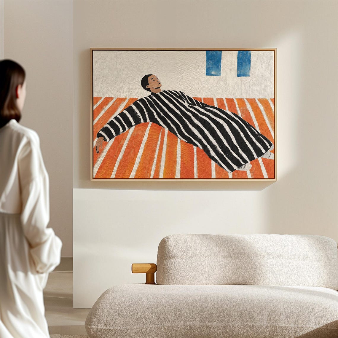 Modern Minimalist Art Print Black And White Stripes With Orange Abstract Background Contemporary Wall Decor Bold Artistic Design - Image 2