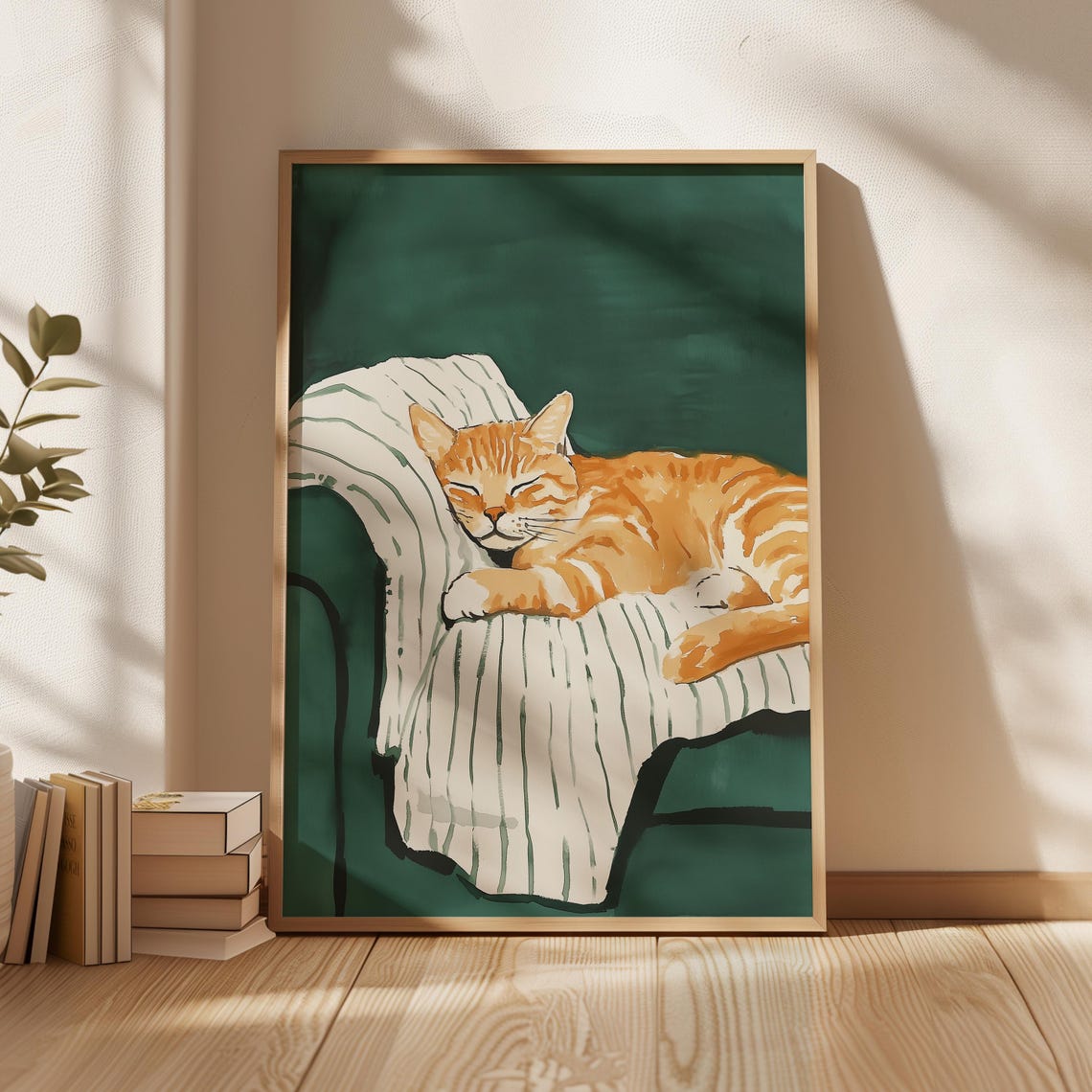 Sleeping Orange Tabby Cat Green Watercolor Whimsical Cozy Pet Poster
