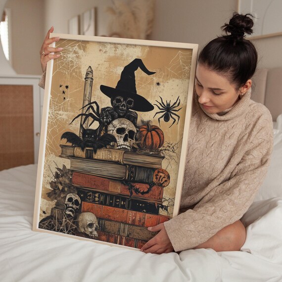 Vintage Witch Skull on Spell Books Gothic Halloween Illustration Poster