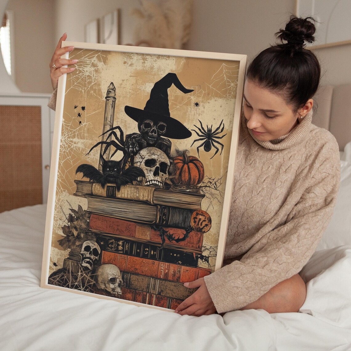 Vintage Witch Skull on Spell Books Gothic Halloween Illustration Poster