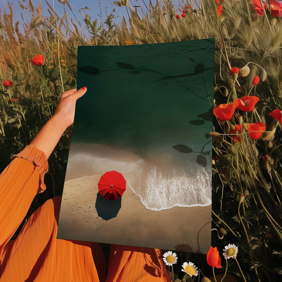 Minimalist Beach, Red Umbrella Seascape Poster - Image 2