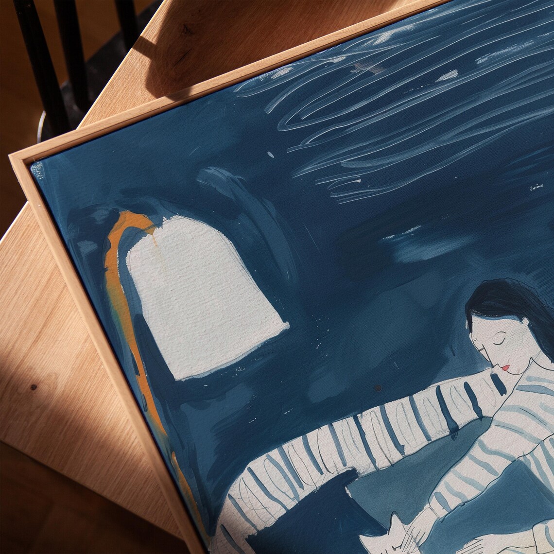 Woman Petting Cat on Striped Couch Cozy Blue Night Illustration Poster - Image 3